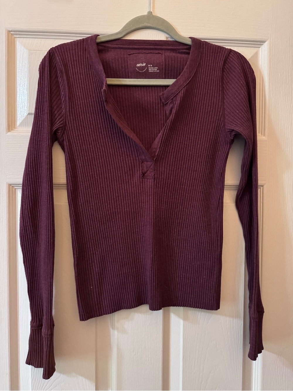 Aerie Ribbed Long-Sleeve V-Neck Top in Deep Plum  4 FOR $20 SALE